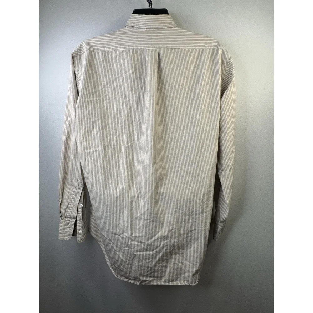 Polo Ralph Lauren Button Down Men 16-35 Tan White Stripe Chatfield Cotton Shirt‎